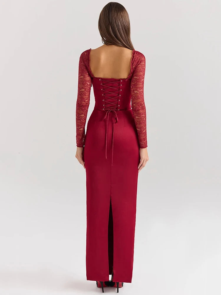 Vestido Feminino Longo Vermelho Com Manga - Diversa