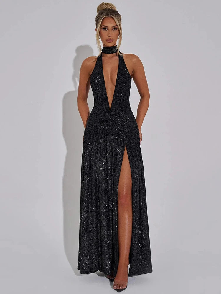 Vestido Com Fenda Longo Com Brilho - Diversa