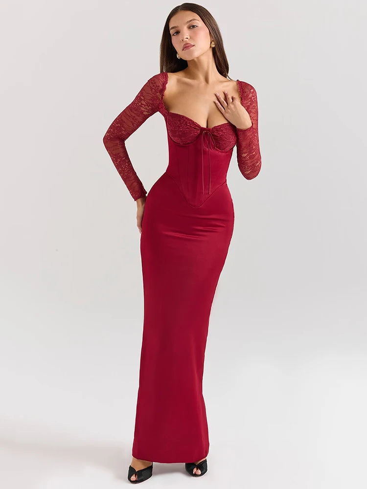 Vestido Feminino Longo Vermelho Com Manga - Diversa