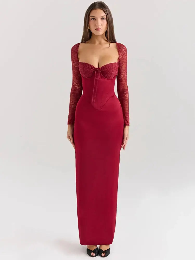 Vestido Feminino Longo Vermelho Com Manga - Diversa
